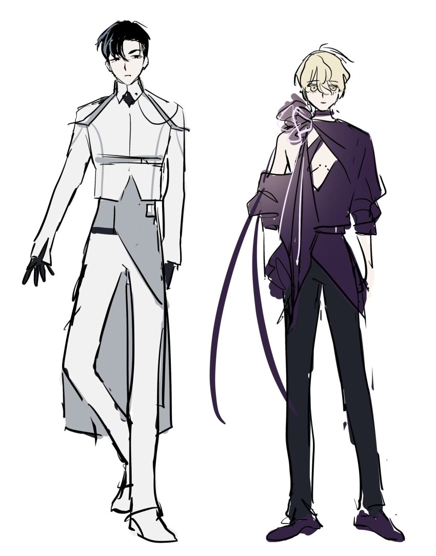 2boys, alien_stage, alternate_costume, black_eyes, black_gloves, black_hair, black_pants, blonde_hair, choker, clothing_cutout, colored_eyelashes, commentary, english_commentary, full_body, gloves, highres, ivan_(alien_stage), jacket, long_sleeves, luka_(alien_stage), male_focus, multiple_boys, nikuman_0bun, pants, purple_choker, purple_shirt, purple_shoes, shirt, shoes, short_hair, simple_background, very_short_hair, white_background, white_jacket, white_pants, white_shoes, yellow_eyes