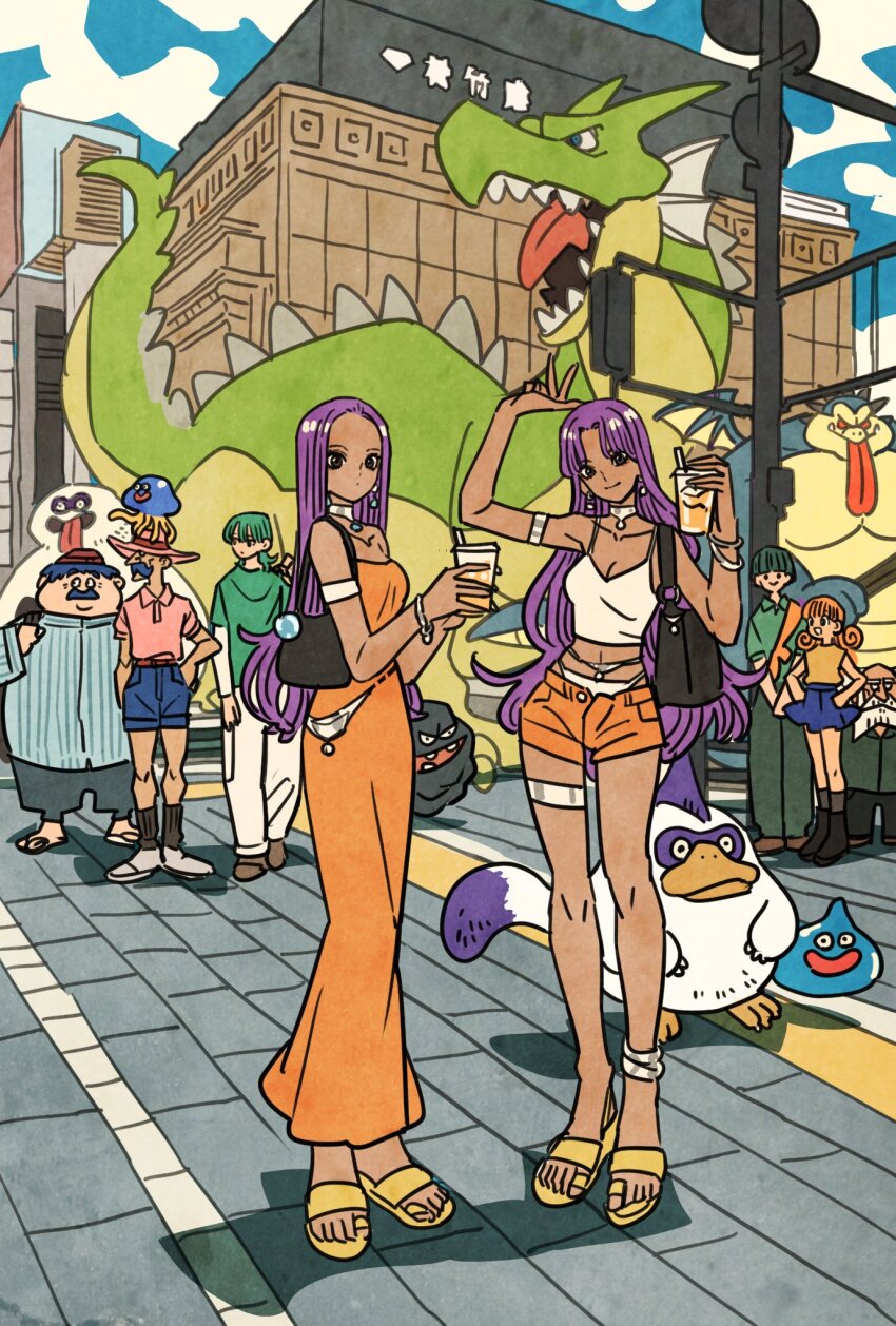 3girls, 5boys, alena_(dq4), alternate_costume, alternate_hairstyle, alternate_universe, anklet, arm_up