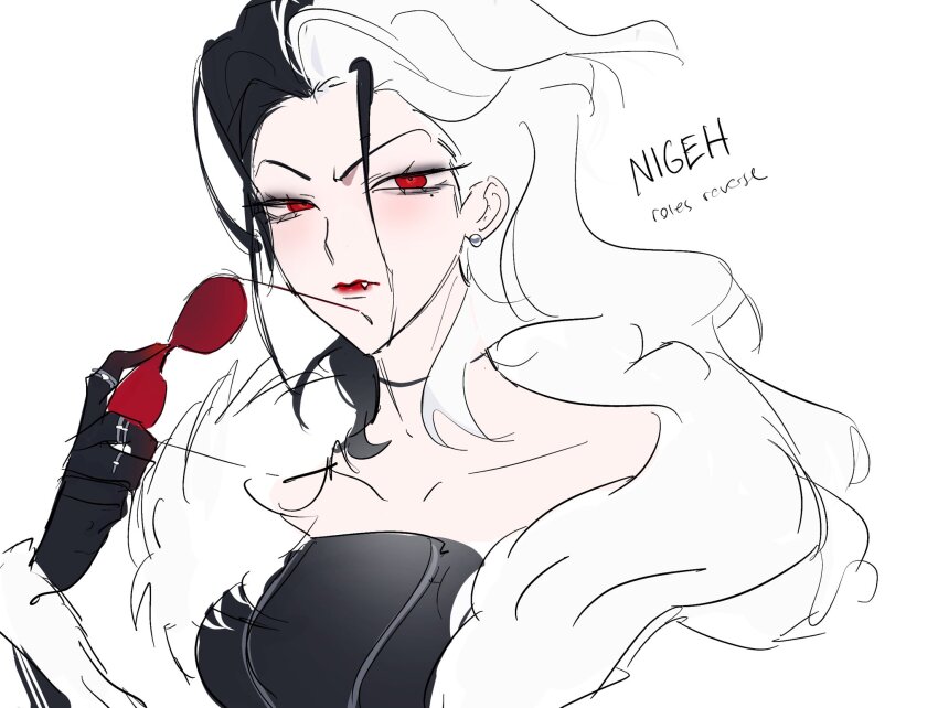 1girl, alien_stage, black_dress, black_gloves, black_hair, character_name, closed_mouth, coat, commentary, dress, earrings, english_commentary, english_text, fang, fang_out, fur_coat, gloves, highres, holding, holding_removed_eyewear, humanization, jewelry, multicolored_hair, nigeh_(alien_stage), nikuman_0bun, pearl_earrings, red-tinted_eyewear, red_eyes, red_lips, ring, solo, split-color_hair, sunglasses, tinted_eyewear, two-tone_hair, unworn_eyewear, white_hair