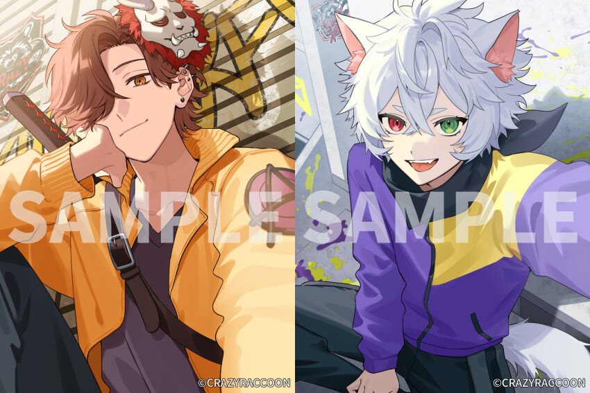 2boys, against_wall, animal_ears, arisakaaa_(crazy_raccoon), black_pants, black_shirt, brown_eyes, brown_hair