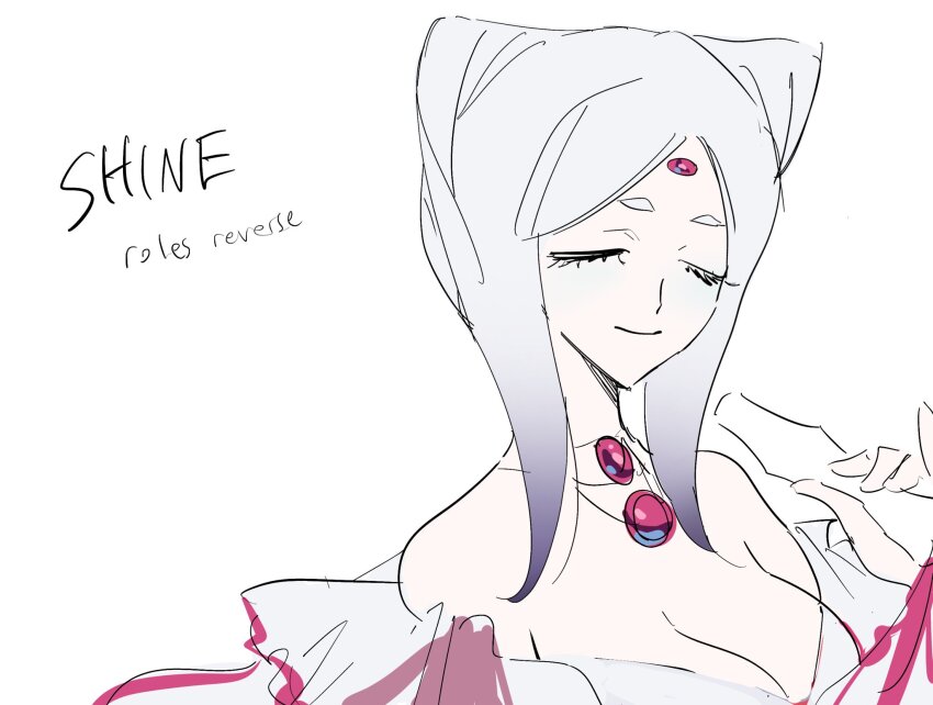 1girl, alien_stage, bow-shaped_hair, breasts, character_name, cleavage, closed_eyes, closed_mouth