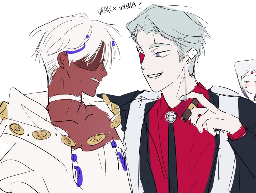 1girl, 2boys, ?, alien_stage, arm_around_shoulder, black_jacket, character_name, choker