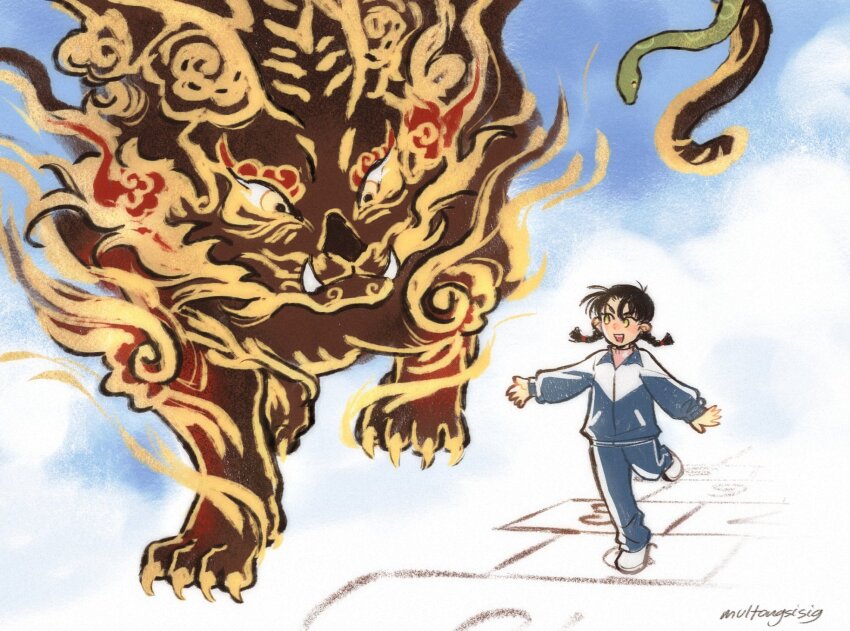 1girl, aged_down, blue_pants, braid, chalk_drawing, child, chinese_school_uniform, chinese_track_school_uniform