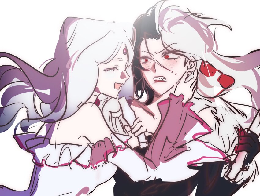 2girls, alien_stage, black_dress, black_hair, blush, clenched_teeth, closed_eyes, commentary