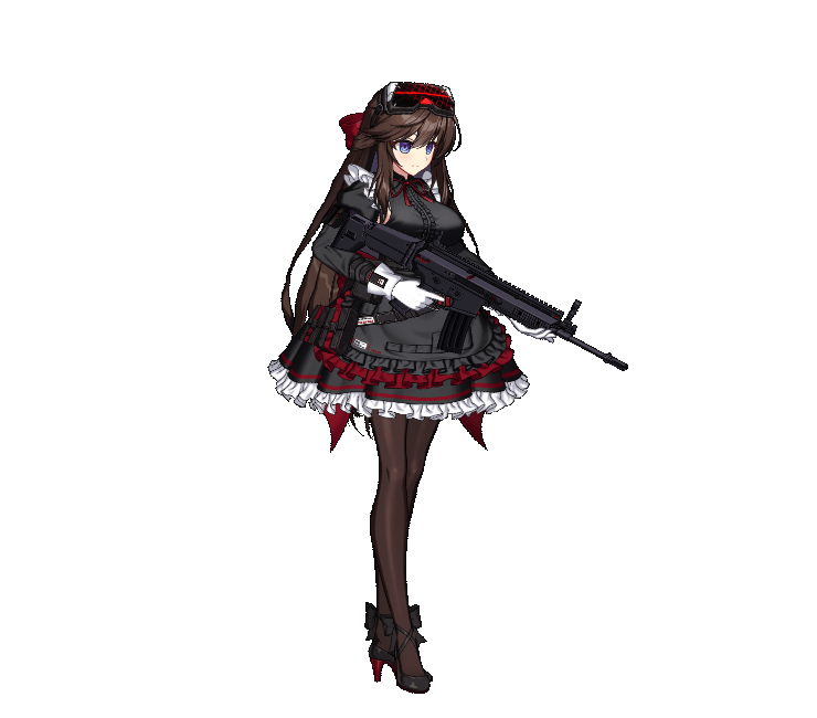 1girl, ^_^, adjusting_clothes, adjusting_headwear, animated, animated_gif, arm_pouch, assault_rifle, back_bow, black_bow, black_rose_(counter:side), black_shoes, blue_eyes, bouncing_breasts, bow, breasts, brown_hair, cardiogram, center_frills, closed_eyes, commentary, counter:side, english_commentary, eyewear_on_head, floating_hair, fn_scar_16, footwear_bow, frilled_skirt, frills, full_body, gloves, gun, hair_between_eyes, hair_bow, head-mounted_display, high_heels, holding, holding_gun, holding_own_skirt, holding_weapon, juliet_sleeves, large_breasts, long_hair, long_sleeves, looking_ahead, looping_animation, maid, neck_ribbon, official_art, pantyhose, parted_lips, petticoat, pouch, puffy_sleeves, red_bow, red_ribbon, ribbon, rifle, shoes, simple_background, skirt, solo, standing, strappy_heels, tactical_maid, transparent_background, trigger_discipline, unconventional_maid, underbust, very_long_hair, weapon, white_gloves