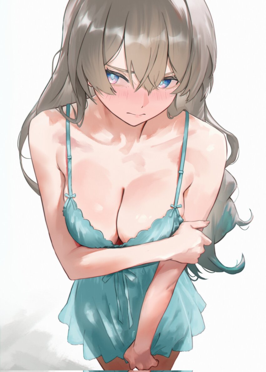 1girl, alternate_costume, aqua_babydoll, aqua_nightgown, arm_under_breasts, armpit_crease, babydoll, blue_eyes