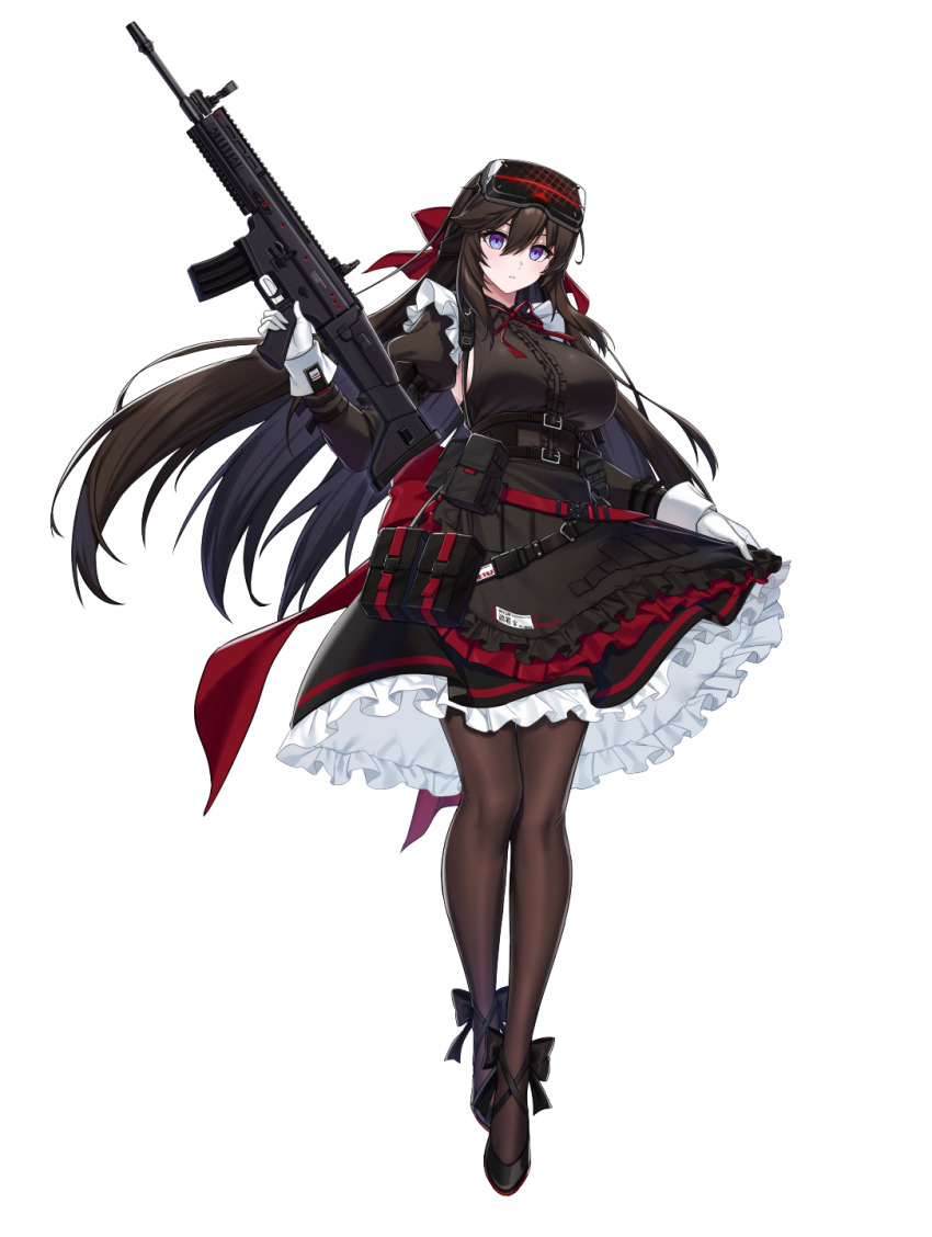 1girl, alpha_transparency, assault_rifle, back_bow, belt, black_bow, black_rose_(counter:side), black_shoes, blue_eyes, bow, breasts, brown_hair, center_frills, commentary, counter:side, english_commentary, eyewear_on_head, floating_hair, fn_scar_16, footwear_bow, frilled_skirt, frills, full_body, gloves, gun, hair_between_eyes, hair_bow, head-mounted_display, highres, holding, holding_gun, holding_own_skirt, holding_weapon, juliet_sleeves, large_breasts, layered_skirt, long_hair, long_sleeves, looking_at_viewer, maid, multiple_belts, neck_ribbon, official_art, pantyhose, parted_lips, petticoat, pouch, puffy_sleeves, red_bow, red_ribbon, ribbon, rifle, shoes, simple_background, skirt, solo, standing, tachi-e, tactical_maid, transparent_background, trigger_discipline, unconventional_maid, underbust, very_long_hair, weapon, white_gloves