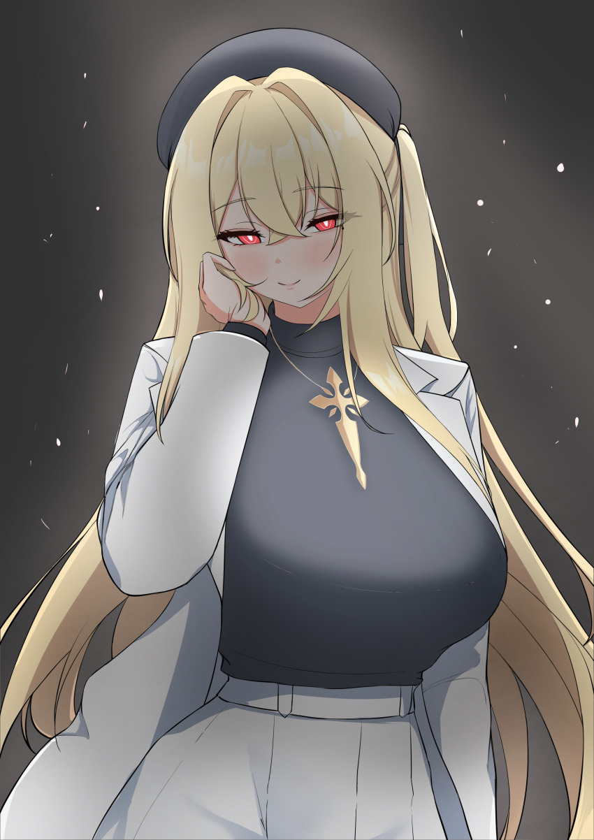 1girl, absurdres, alternate_costume, beret, black_hat, black_shirt, blonde_hair, blush, bosseon, breasts, bright_pupils, casual, coat, commentary, counter:side, crossed_bangs, ecclesia_(counter:side), grey_background, hair_between_eyes, hair_intakes, half-closed_eyes, hand_in_own_hair, hand_on_own_cheek, hand_on_own_face, hat, highres, jewelry, large_breasts, long_hair, long_sleeves, looking_at_viewer, necklace, one_side_up, open_clothes, open_coat, pendant, red_eyes, ringed_eyes, shirt, smile, solo, white_coat, white_pupils