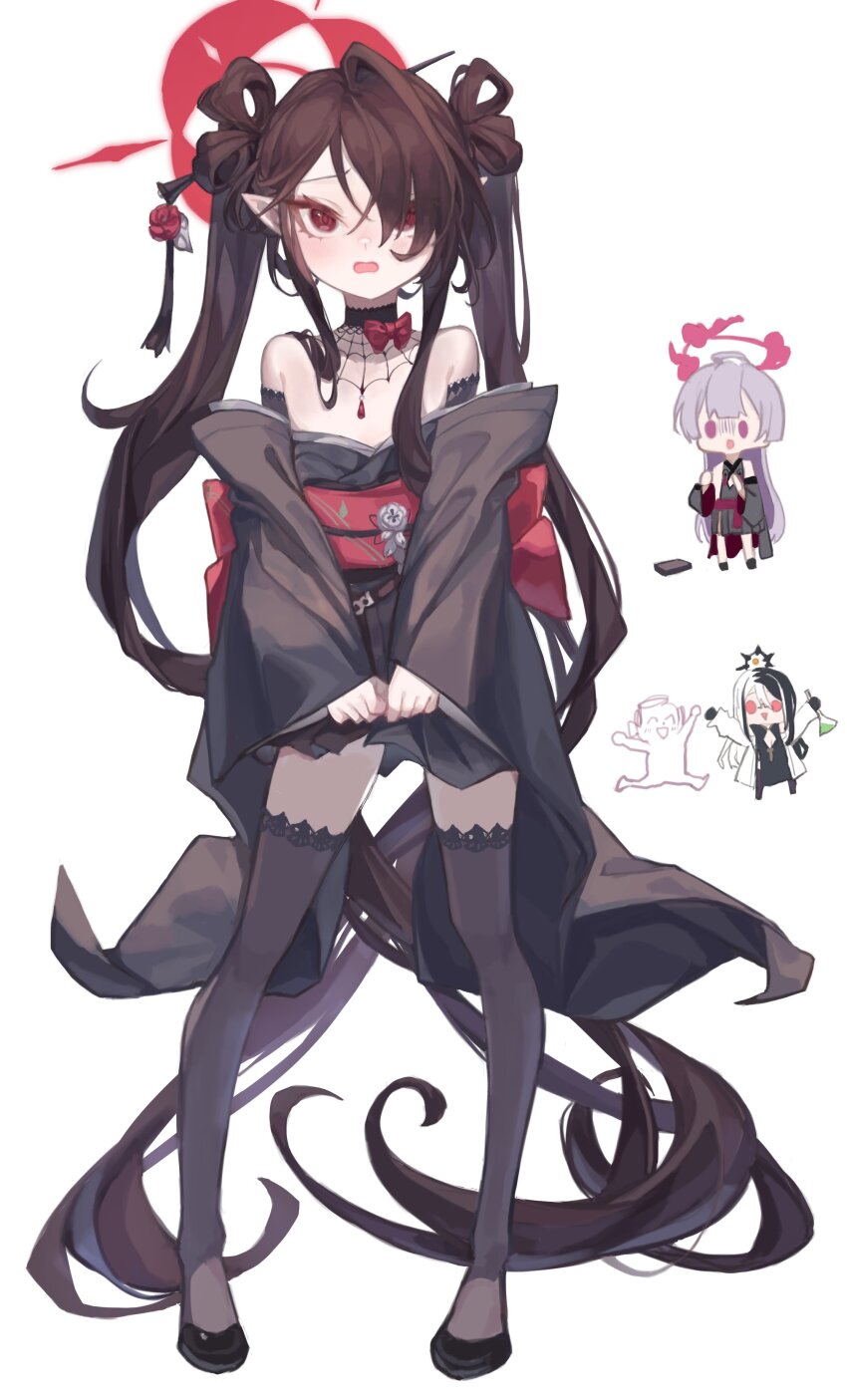 1boy, 3girls, absurdly_long_hair, absurdres, aged_down, black_kimono, black_shoes, black_sleeves