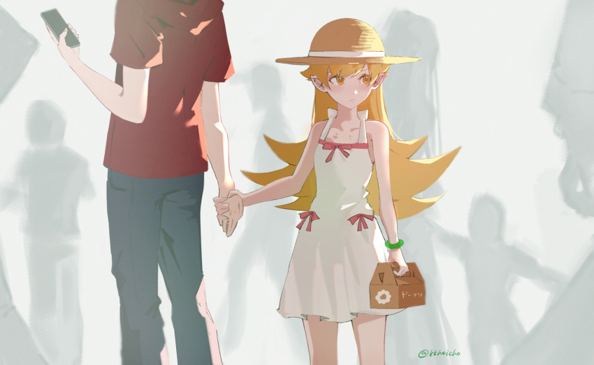 1boy, 1girl, araragi_koyomi, blonde_hair, bracelet, dress, hat, head_out_of_frame, highres, holding, holding_hands, holding_phone, hood, hoodie, jewelry, kkheicho, long_hair, monogatari_(series), oshino_shinobu, pants, pastry_box, phone, pointy_ears, red_hoodie, short_sleeves, sun_hat, white_dress, yellow_eyes