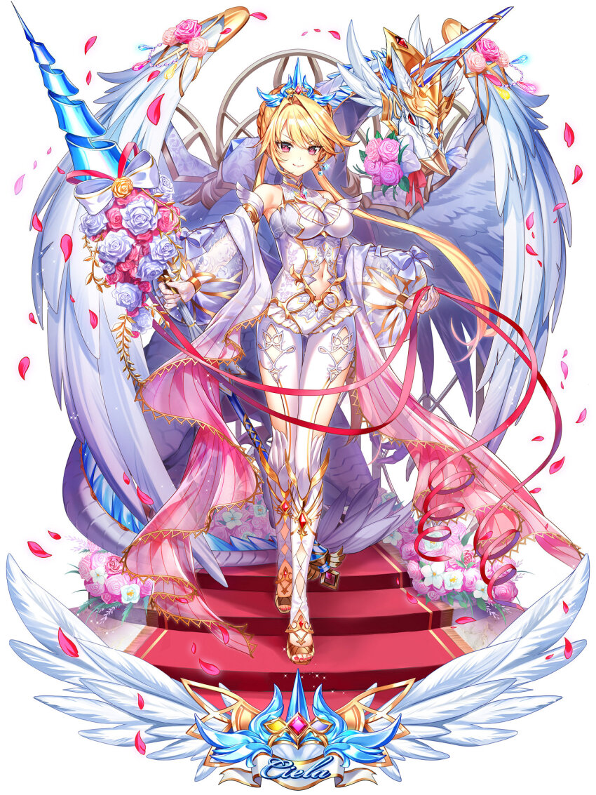 1girl, baizu_(guszx), bare_shoulders, blonde_hair, blush, boots, bouquet, breasts