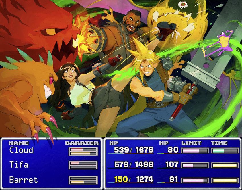 ahriman, arm_cannon, barret_wallace, beard, bike_shorts, black_hair, blonde_hair, bomb_(final_fantasy)