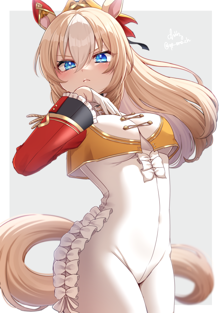 1girl, animal_ears, asymmetrical_gloves, blonde_hair, bodysuit, cowboy_shot, durandal_(umamusume), gloves