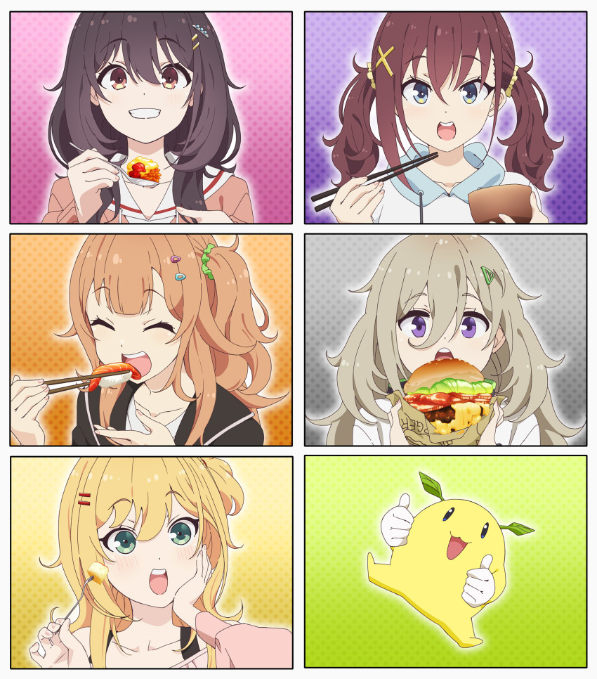 1other, 5girls, :o, black_hair, blonde_hair, blue_eyes, bowl, brown_eyes