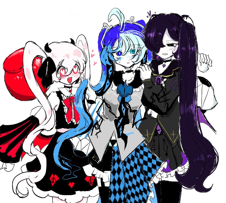 1girl, 2boys, alternate_costume, alternate_hairstyle, black_sapphire_cookie, blue_eyes, blue_skin, candy_apple_cookie