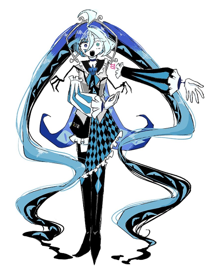 1boy, ahoge, alternate_costume, aqua_hair, asymmetrical_skirt, black_boots, blue_eyes, blue_ribbon