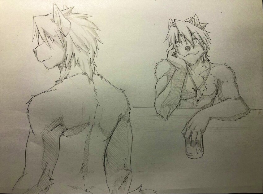 1boy, animal_ears, biceps, can, commentary_request, convenient_censoring, dog_boy, dog_ears, animal_nose, dog_tags, dog_tail, from_behind, furry, furry_male, graphite_(medium), hatching_(texture), head_on_hand, highres, holding, holding_can, indeigo15, jewelry, kouya_aotsuki, long_hair, looking_at_viewer, looking_back, male_focus, morenatsu, muscular, muscular_male, necklace, pectorals, pen_(medium), smile, tail, topless_male, traditional_media
