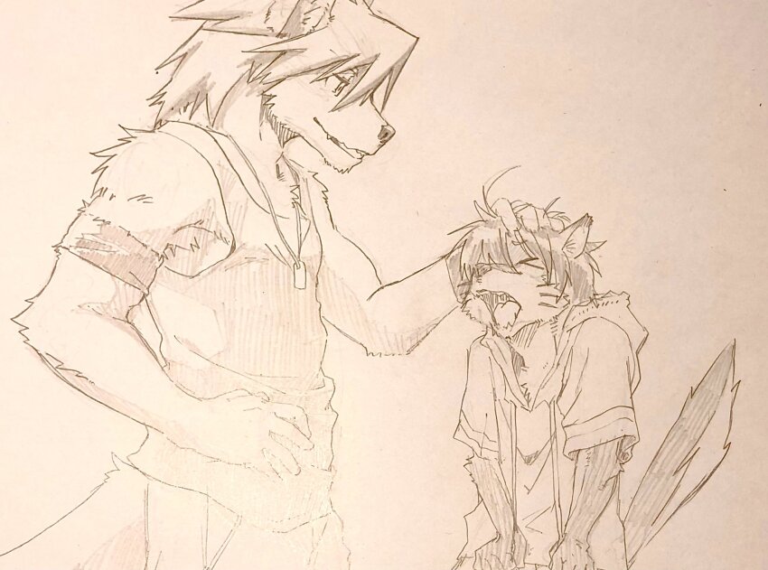 2boys, animal_ears, armband, armpits, bara, biceps, black_tank_top, closed_eyes