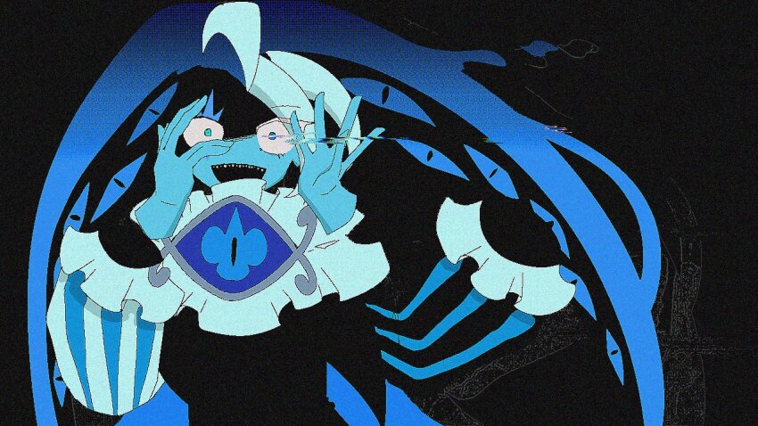 1boy, blue_eyes, blue_hat, blue_skin, brooch, colored_skin, cookie_run, cookie_run:_kingdom, hat, humanization, jester_cap, jewelry, long_hair, long_sleeves, looking_at_viewer, male_focus, neck_ruff, nikasandayooo, puffy_long_sleeves, puffy_sleeves, shadow_milk_cookie, simple_background, smile, solo, very_long_hair, white_hair