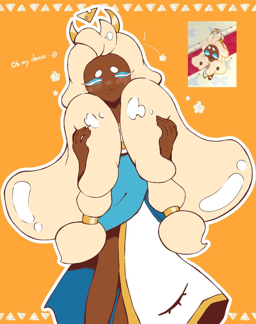 1girl, bare_shoulders, blonde_hair, cookie_run, cookie_run:_kingdom, dark-skinned_female, dark_skin, dress