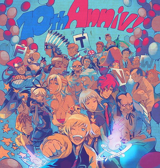 anniversary, blonde_hair, blue_eyes, breasts, character_request, cleavage, dark-skinned_female, dark_skin