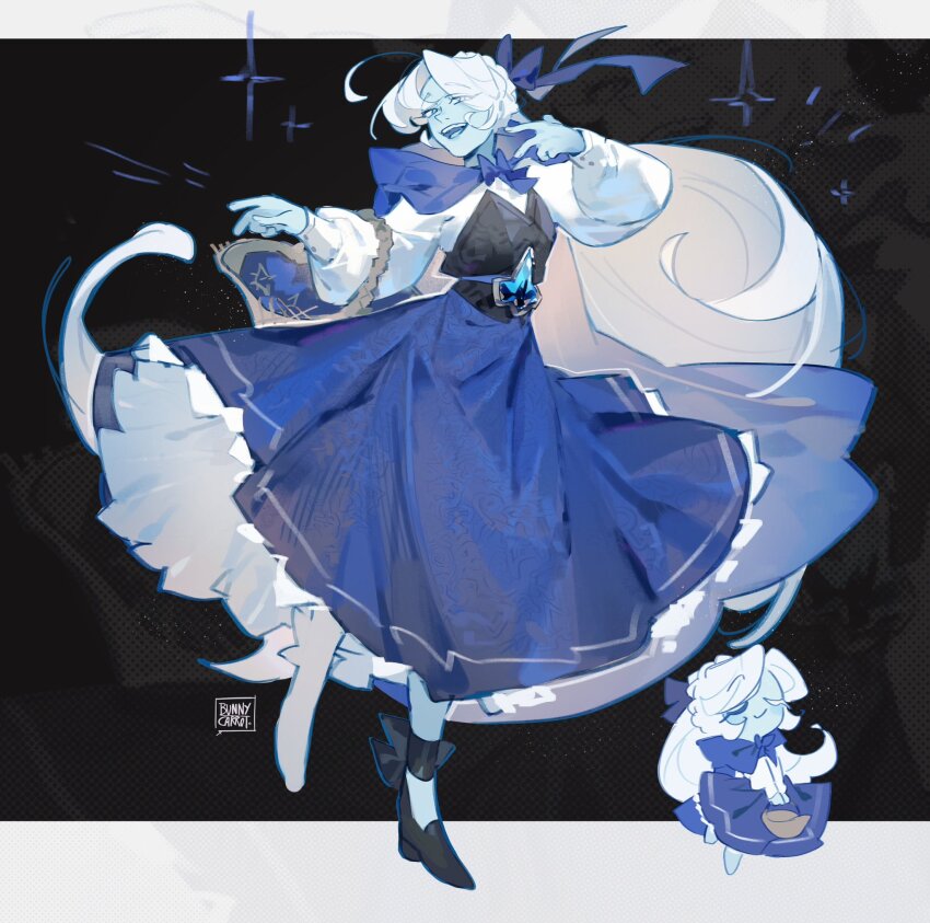 1boy, aqua_eyes, basket, blue_eyes, blue_flower, blue_ribbon, braid, chibi