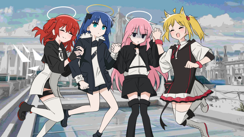 4girls, ahoge, animal_ears, arknights, black_boots, black_dress, black_gloves, black_jacket