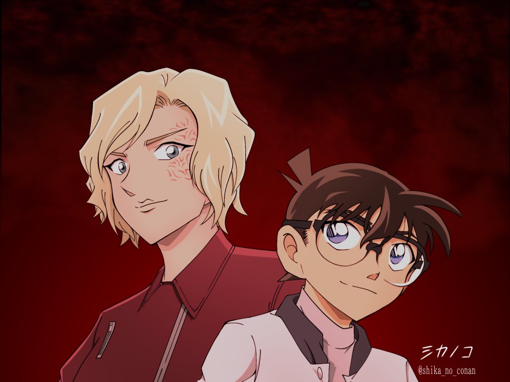 1girl, artist_name, asymmetrical_hair, black-framed_eyewear, black_hair, blonde_hair, blue_eyes, burn_scar, closed_mouth, commentary_request, edogawa_conan, eye_contact, glasses, jacket, long_sleeves, looking_at_another, looking_to_the_side, meitantei_conan, portrait, red_background, red_jacket, scar, shika_no_conan, short_hair, smile, twitter_username, wavy_hair, white_jacket, yelenika_lavrentyeva