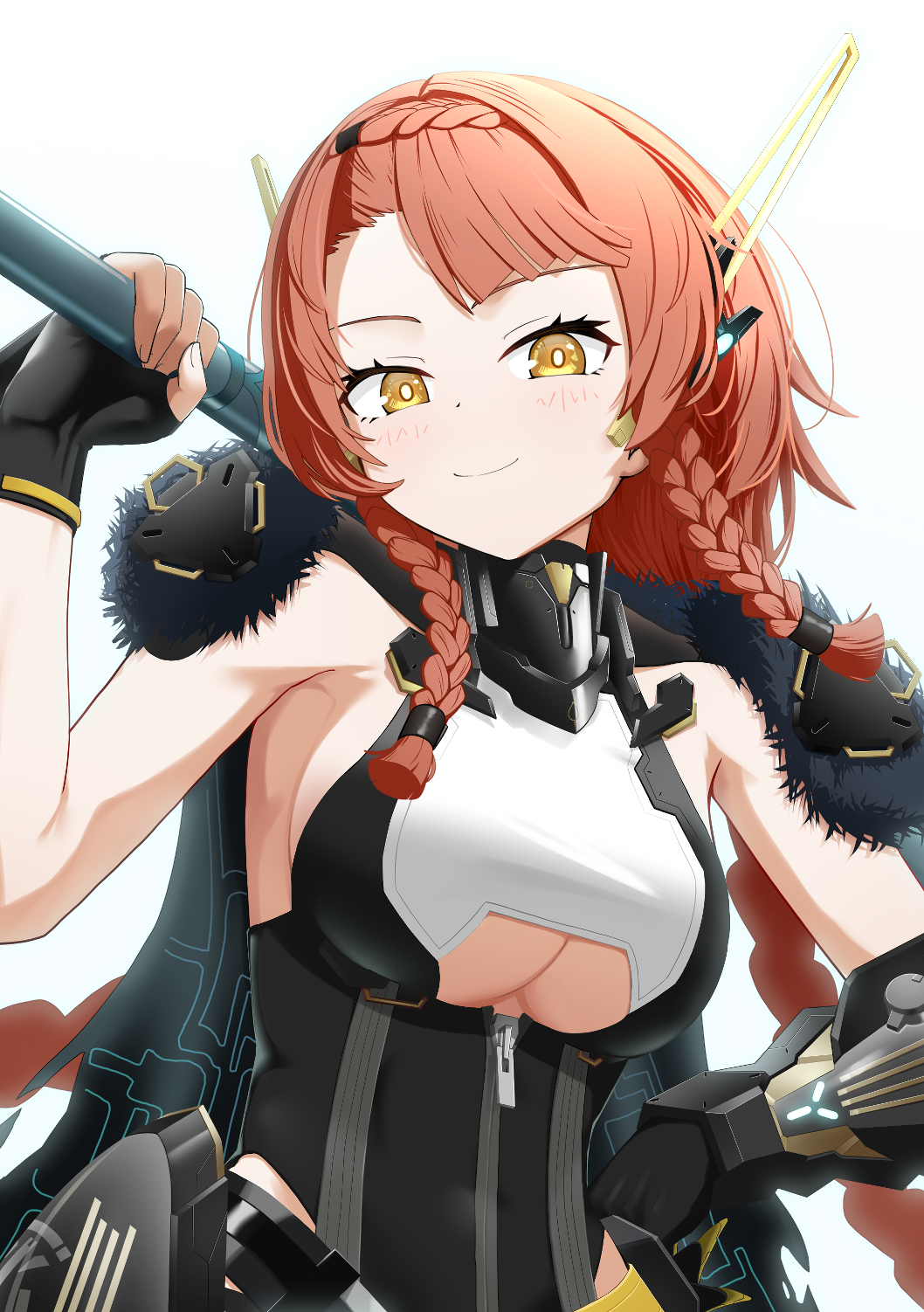 1girl, aether_gazer, black_gloves, braid, breasts, cape, closed_mouth, clothing_cutout