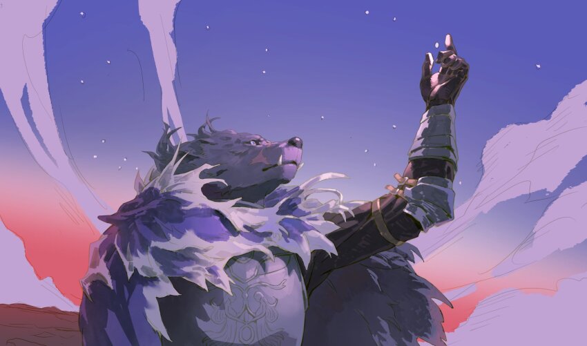 1boy, animal_ears, arm_up, armor, black_fur, blaidd_the_half-wolf, closed_mouth, cloud