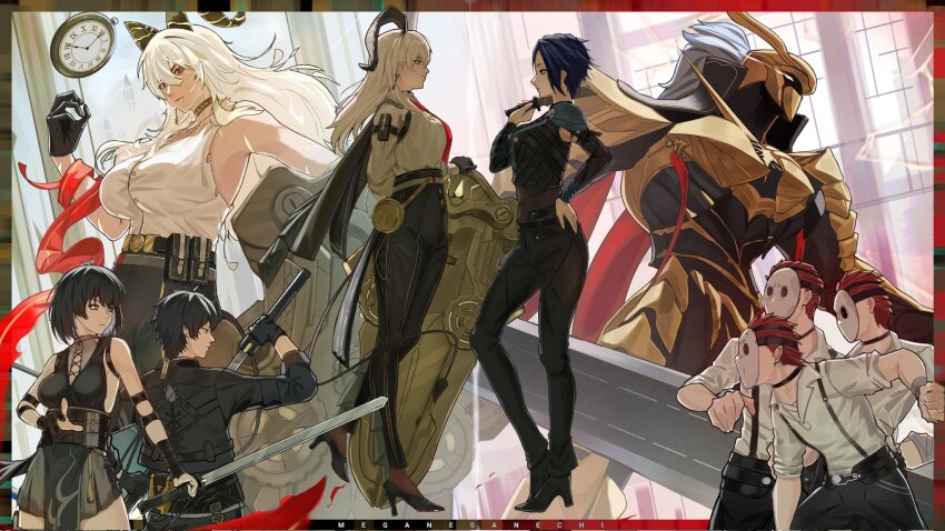 black_choker, black_dress, black_gloves, black_hair, black_horns, black_jacket, black_pants, black_shoes