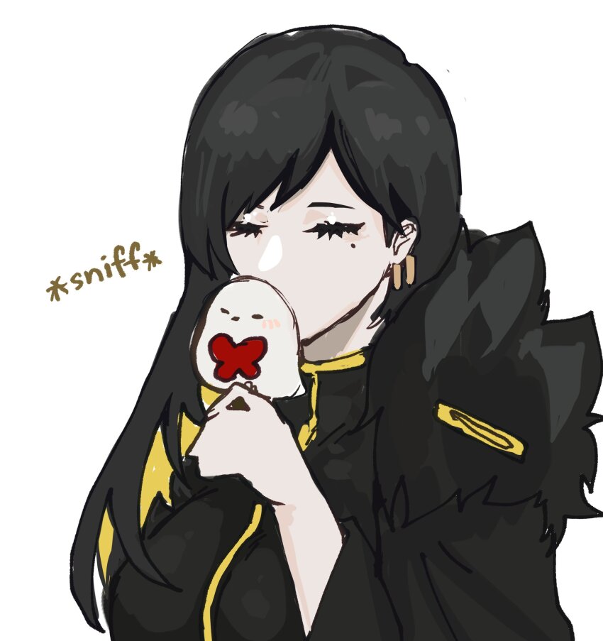 1girl, binah_(project_moon), bird, black_coat, black_dress, black_hair, blonde_hair, breasts, cape, closed_eyes, coat, colored_inner_hair, commentary, covered_mouth, dress, english_commentary, fur-trimmed_cape, fur_trim, highres, jewelry, large_breasts, library_of_ruina, long_hair, long_sleeves, mole, mole_under_eye, multicolored_hair, project_moon, punishing_bird, simple_background, smelling, solo, white_background, xclkx