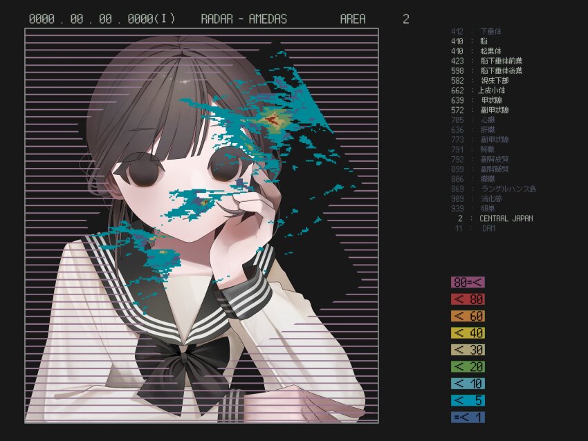 1girl, absurdres, black_background, black_bow, black_bowtie, black_eyes, black_hair, black_sailor_collar