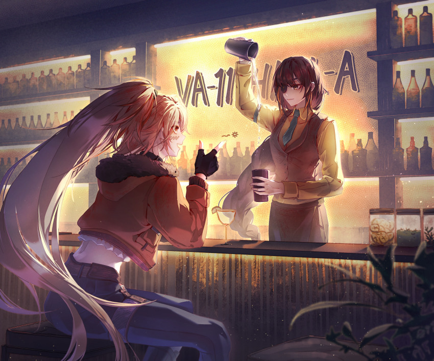2girls, absurdres, apron, bar_(place), bartender, black_apron, black_gloves, blonde_hair