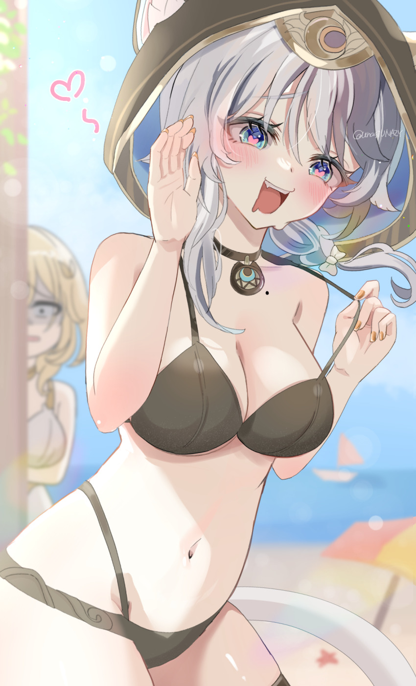 2girls, aglaea_(honkai:_star_rail), animal_ear_fluff, animal_ears, beach, bikini, black_bikini, black_choker