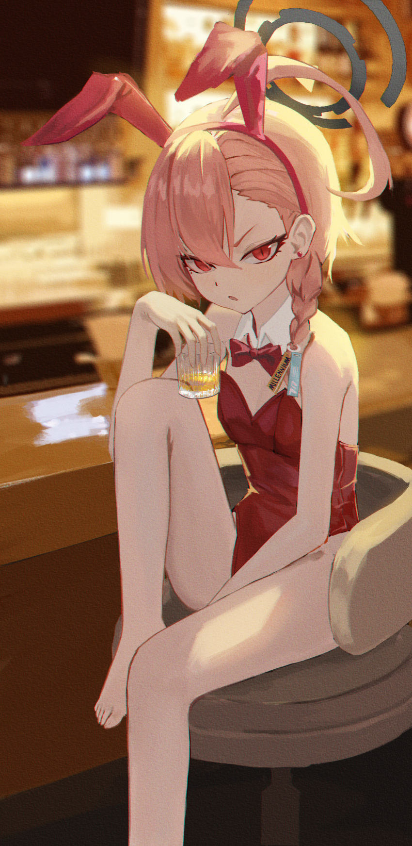 1girl, absurdres, ahoge, animal_ear_hairband, animal_ears, asymmetrical_bangs, bare_arms, bare_legs