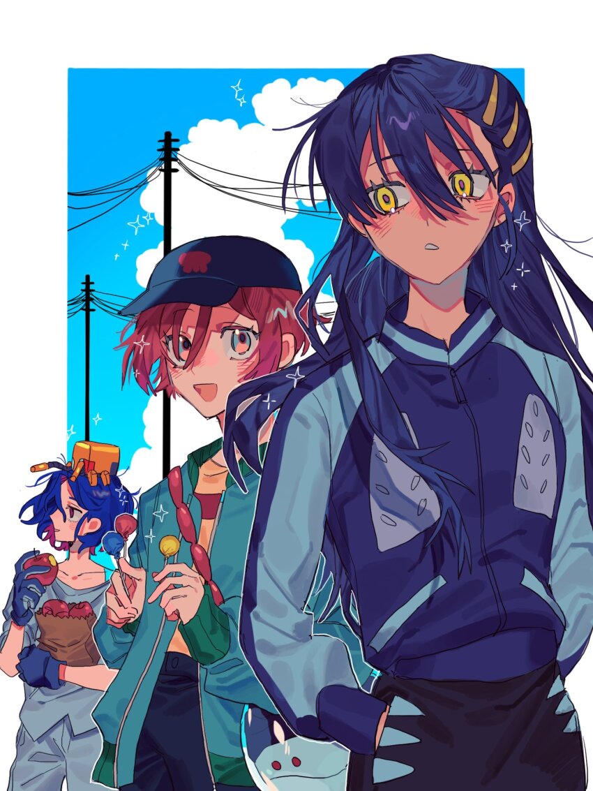 1boy, 2girls, amate_yuzuriha, apple, aqua_eyes, blue_hair, blue_sky, blush