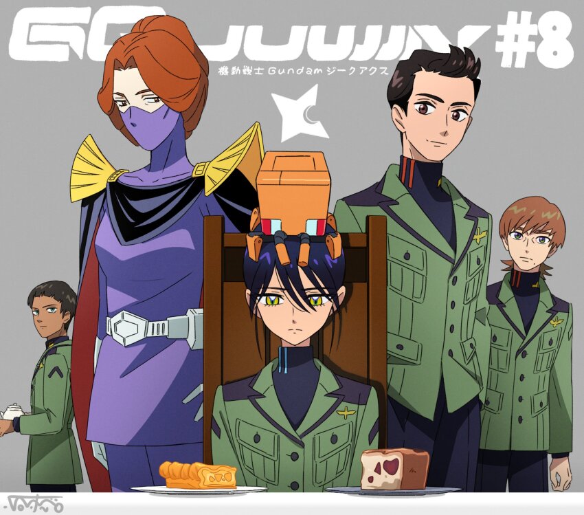 2girls, 3boys, atharv, black_hair, blue_eyes, brown_eyes, brown_hair, cake, cake_slice, cape, chair, conch_(gundam), copyright_name, dark-skinned_male, dark_skin, episode_number, food, green_eyes, grey_background, gundam, gundam_gquuuuuux, hair_bun, highres, jacket, kycilia_zabi, mask, miguel_serverto, military_jacket, military_uniform, mole, mole_under_mouth, mouth_mask, multicolored_eyes, multiple_boys, multiple_girls, non-humanoid_robot, nyaan_(gundam_gquuuuuux), on_chair, plate, purple_eyes, robot, simple_background, single_hair_bun, sitting, smile, turtleneck, two-tone_eyes, updo, xavier_olivette, yatabe_touko, yellow_eyes