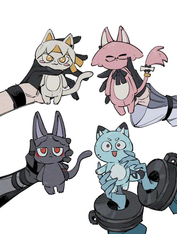 1boy, 3girls, asaba_harumasa, asaba_harumasa_(cat), black_gloves, closed_eyes, gauntlets, glasses