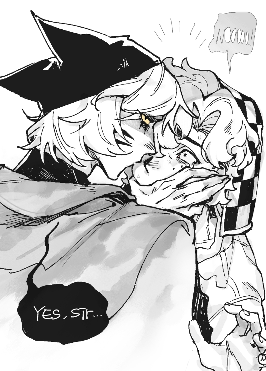 2boys, animal_hat, cat_hat, chinese_commentary, colored_sclera, commentary_request, covering_another's_mouth, english_text