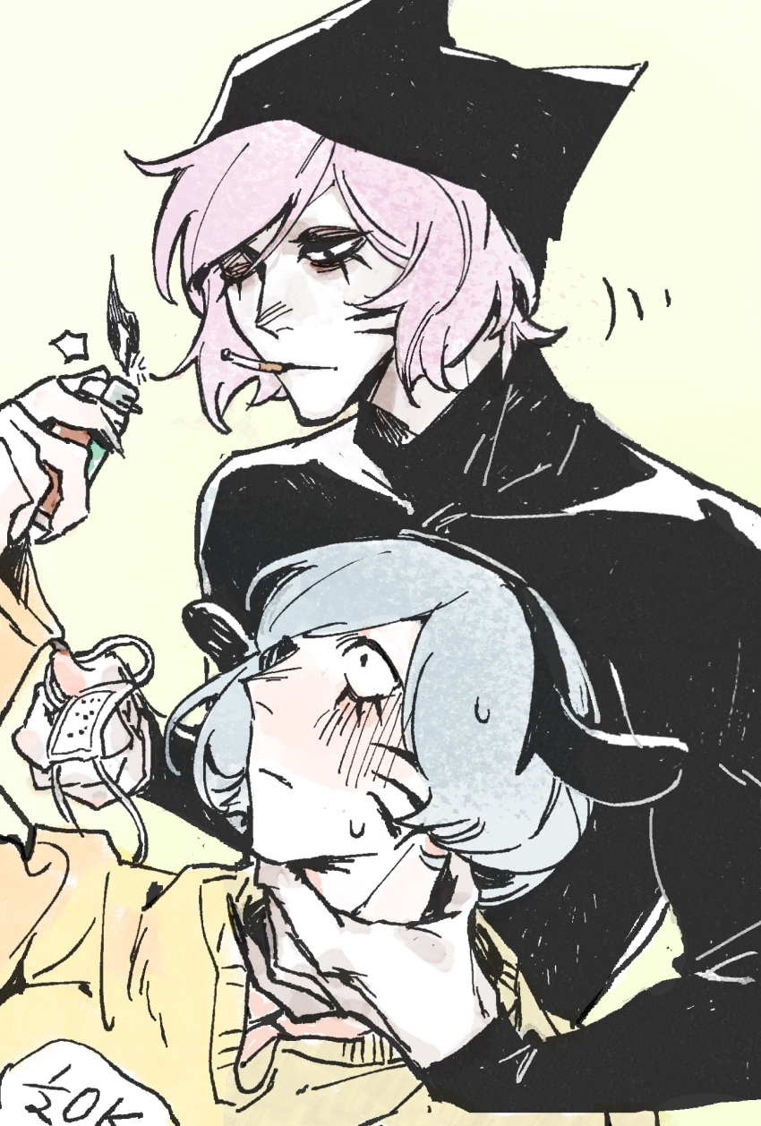 2boys, animal_ears, animal_hat, black_eyes, blue_hair, cat_hat, chinese_commentary, cigarette