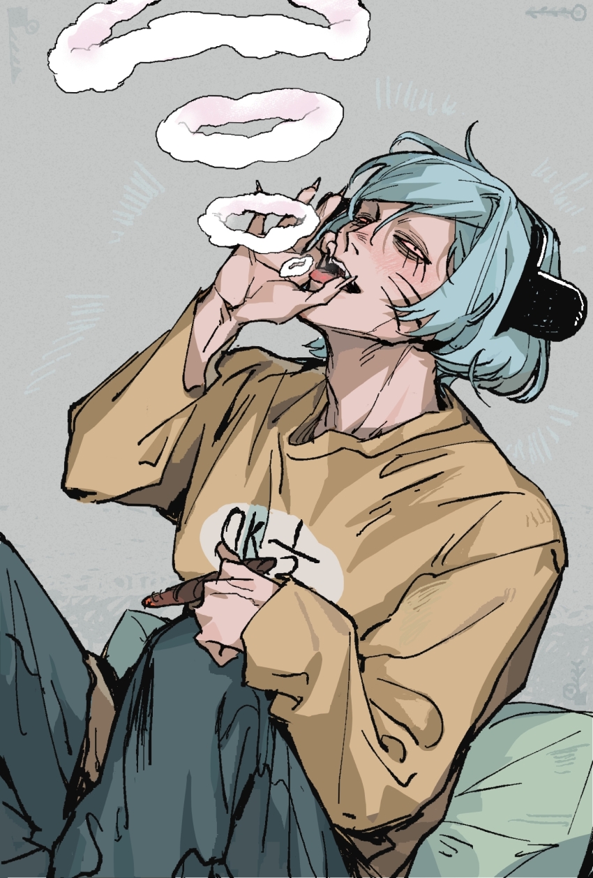1boy, animal_ears, black_eyes, blue_hair, chinese_commentary, cigar, commentary_request, drugs, facial_mark, fake_animal_ears, fangs, grey_background, heizuo955, highres, holding, holding_cigar, joint_(drug), knees_up, looking_at_viewer, male_focus, marijuana, nyon_(randal's_friends), open_mouth, pillow, randal's_friends, shirt, short_hair, sitting, smoke, smoke_ring, smoking, solo, stoned, tongue, tongue_out, whisker_markings, yellow_shirt