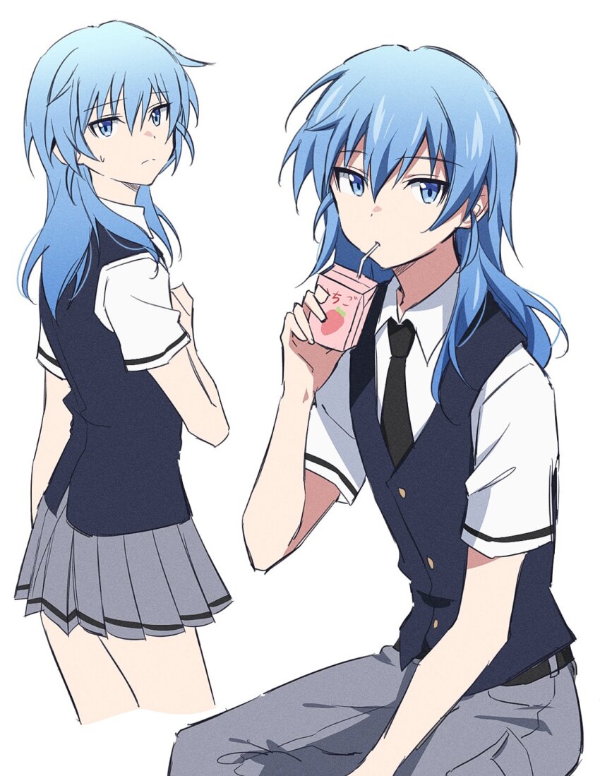 1boy, androgynous, ansatsu_kyoushitsu, belt, black_belt, black_necktie, black_vest, blue_eyes