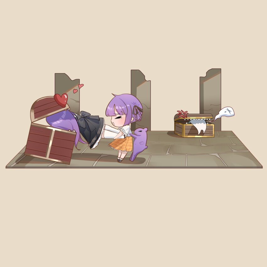 2girls, absurdres, artist_request, black_skirt, check_artist, chibi, closed_eyes, from_side