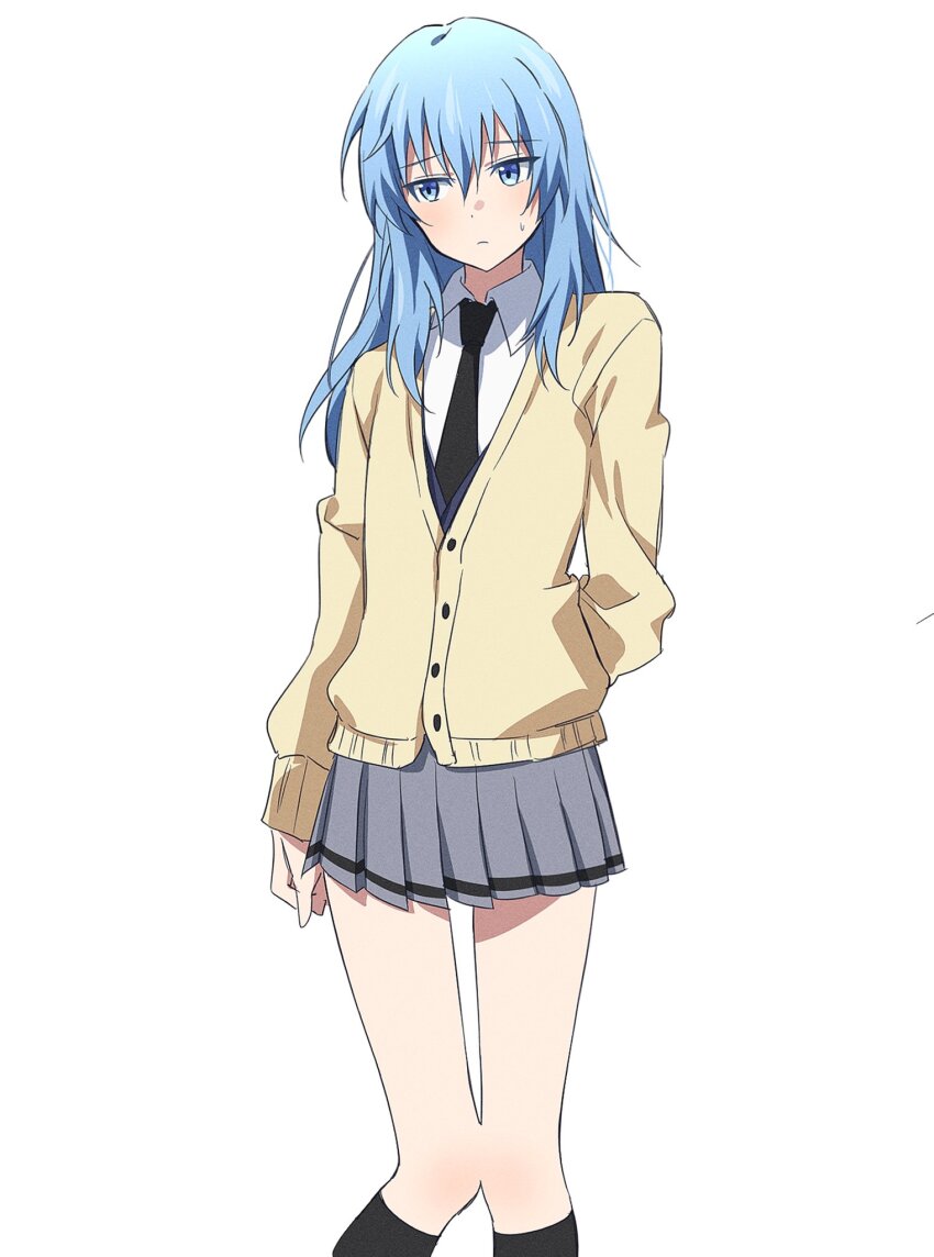 1boy, ansatsu_kyoushitsu, arm_behind_back, averting_eyes, black_necktie, black_socks, blue_eyes, blue_hair