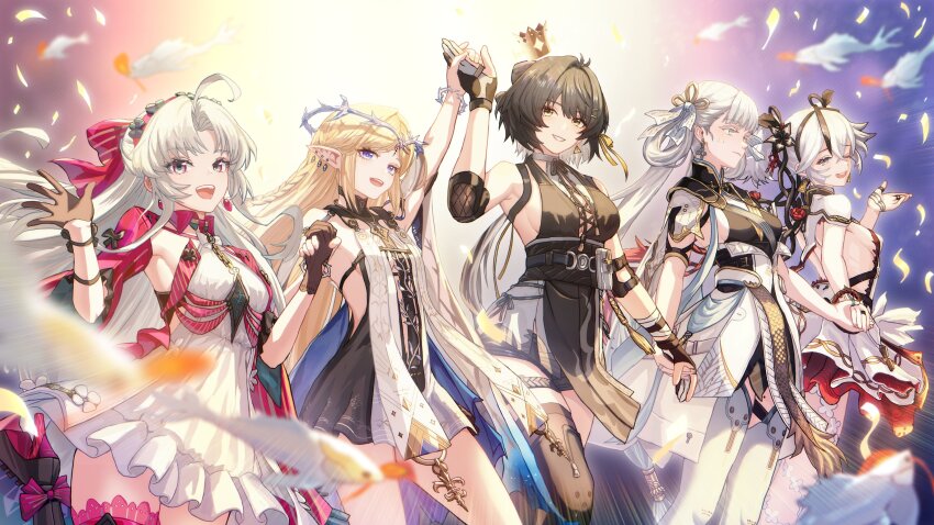 5girls, absurdres, ahoge, black_boots, black_dress, black_flower, black_gloves, black_thighhighs