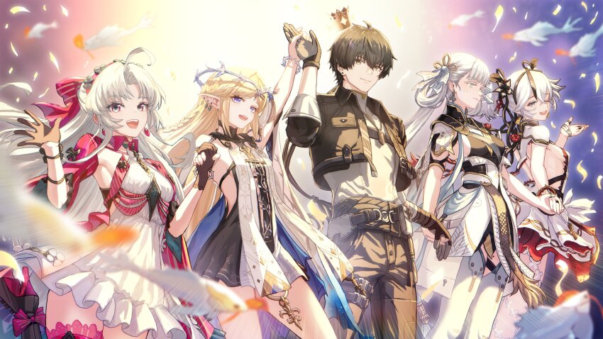 1boy, 4girls, absurdres, ahoge, black_dress, black_flower, black_gloves, black_hair