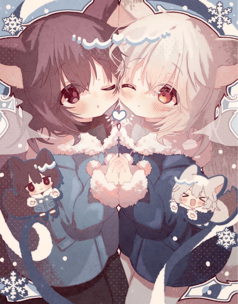 >_<, 2girls, :d, ;<, ;o, animal_ears, black_pantyhose, blue_coat