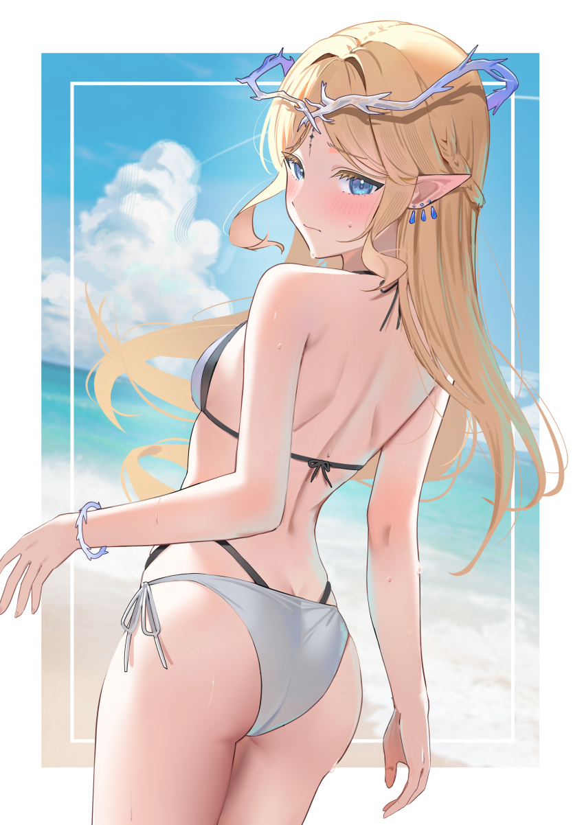 1girl, absurdres, alternate_costume, ass, back, bare_shoulders, bikini, blonde_hair