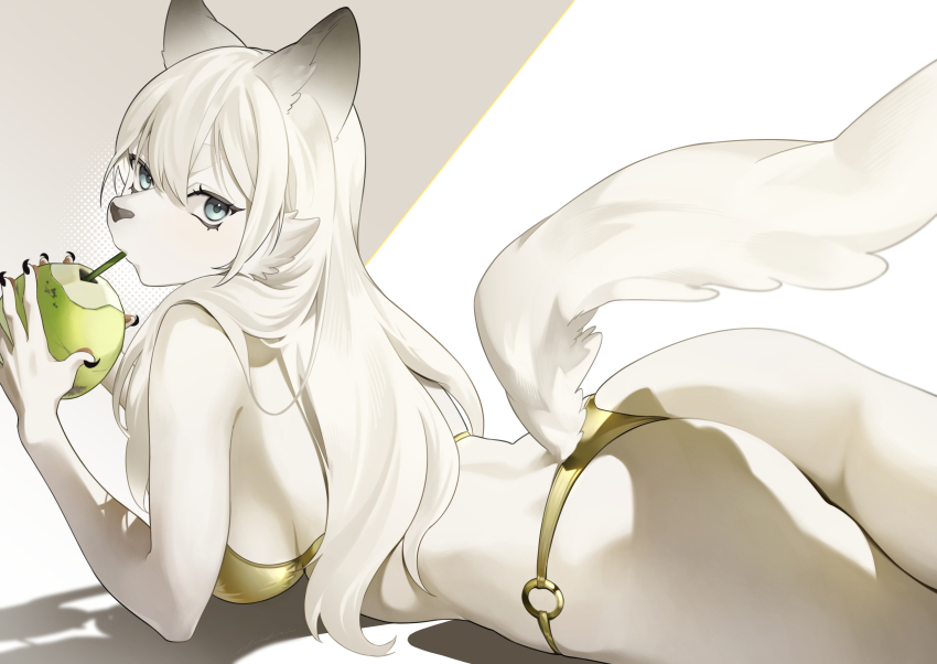 1girl, animal_ears, animal_nose, ass, bikini, blue_eyes, breasts, claws